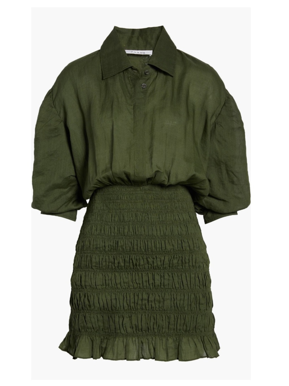 FRAME Shirred Puff Sleeve Ramie Shirtdress